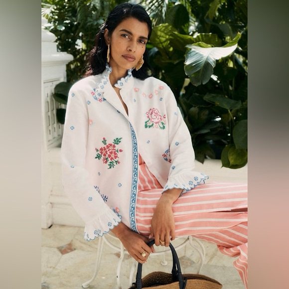 Sezane Tops - Sézane x Andion embroidered riny button down top blouse sz US 6